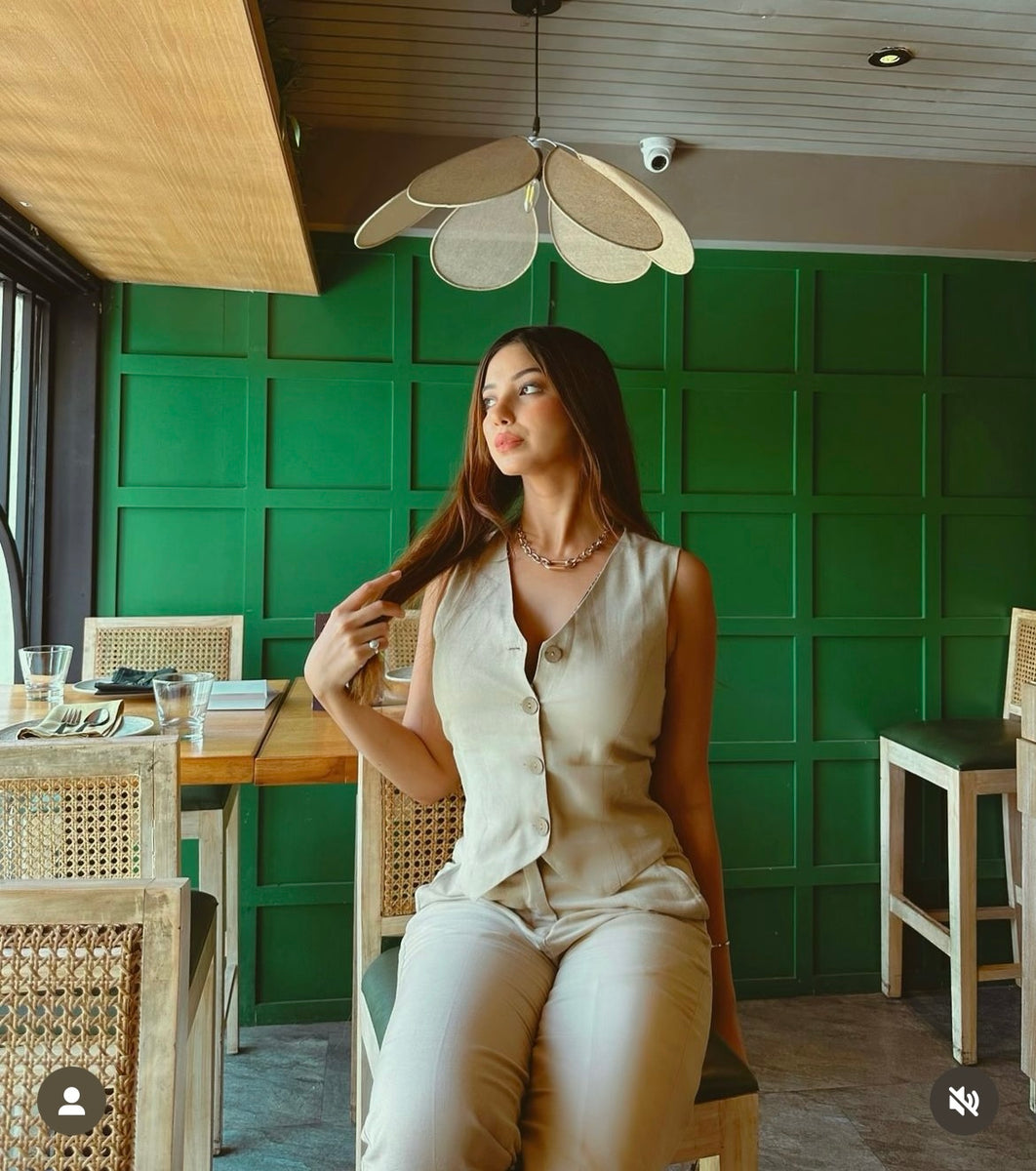 Tanvi Bhavya Monga/ Shuklasisters X Hapfab- Beige Linen waistcoat Pa