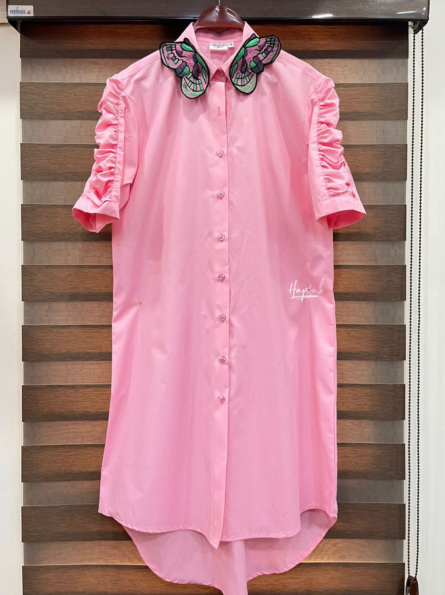 Light pink shirt dress with butterfly embroidery Hapfab