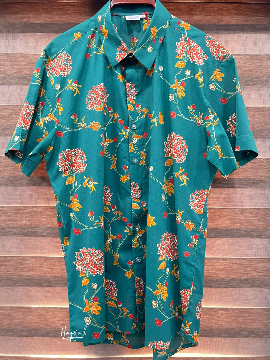 Men's Green Floral Printed Standard Slim Fit Cotton Casual Shirt