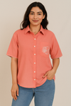 Peach Shirt With SunMoon Embroidery and Hand stitch on sleeves