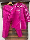Pink White binding detailing shirt pant coord set