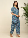 Blue ikkat printed kurta and farshi salwar with gotta detailing