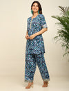 Blue ikkat printed kurta and farshi salwar with gotta detailing