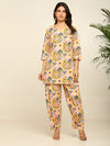 Yellow Blue ikkat printed kurta and pleated pant set