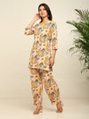 Yellow Blue ikkat printed kurta and pleated pant set