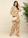 Yellow Blue ikkat printed kurta and pleated pant set