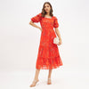 Orange floral georgette midi dress