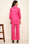 Pink White binding detailing shirt pant coord set