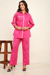 Pink White binding detailing shirt pant coord set