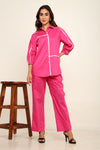 Pink White binding detailing shirt pant coord set