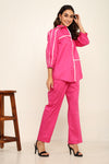 Pink White binding detailing shirt pant coord set