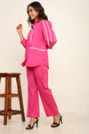Pink White binding detailing shirt pant coord set