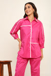 Pink White binding detailing shirt pant coord set