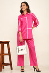 Pink White binding detailing shirt pant coord set