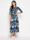 Blue abstract printed crop shirt skirt set