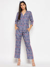 Blue printed blazer look shirt pant set
