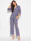 Blue printed blazer look shirt pant set