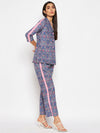 Blue printed blazer look shirt pant set