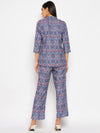 Blue printed blazer look shirt pant set