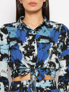 Blue abstract printed crop shirt skirt set